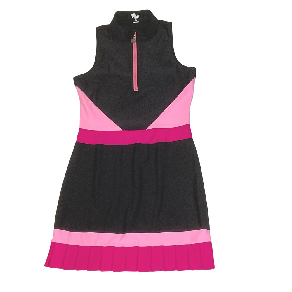 TZU TZU JORDAN COLORBLOCK DRESS‎ BLACK PINK RUFFLE PLEATED HEM M Golf Tennis UPF